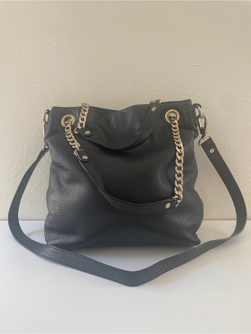 Michael Kors Bedford Legacy Black Leather Shoulder Bag with Gold Chain Detail